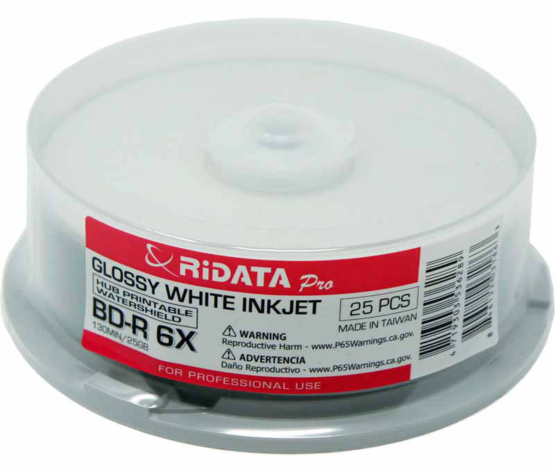 Ritek Ridata Discontinued Ridata Pro Blu-ray 6X BD-R 25GB Disc Water Shield White Inkjet Hub [Discontinued]